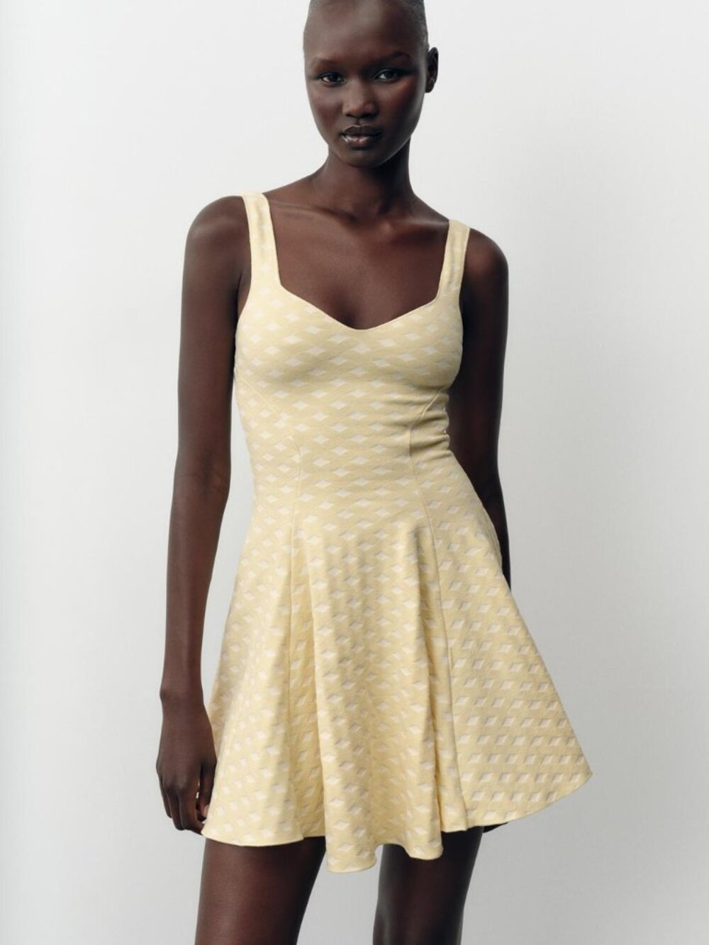 Zara Jacquard Stretch Yellow Mini Skater Dress - S